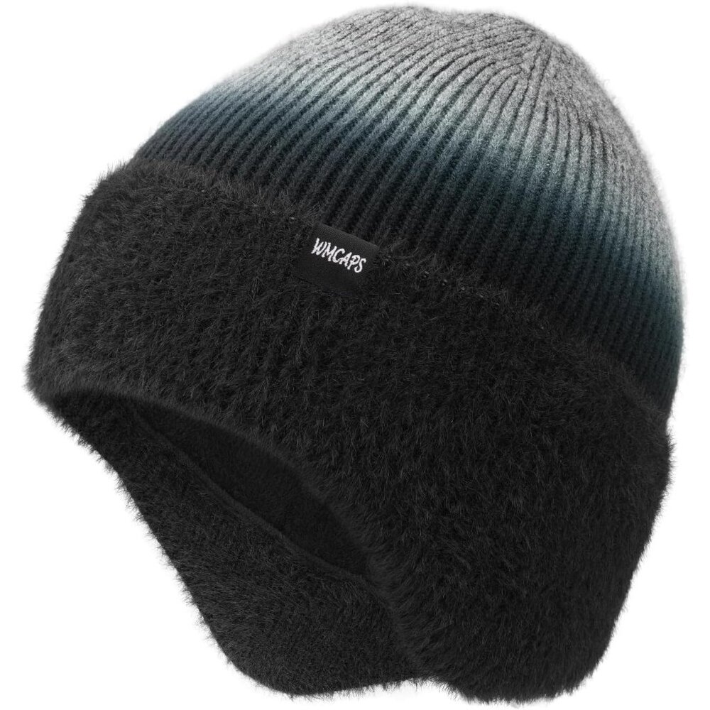 Unisex Tie-day Black Fleece Thermal Lined Knit Warm Earflap Classic Stocking Cap
